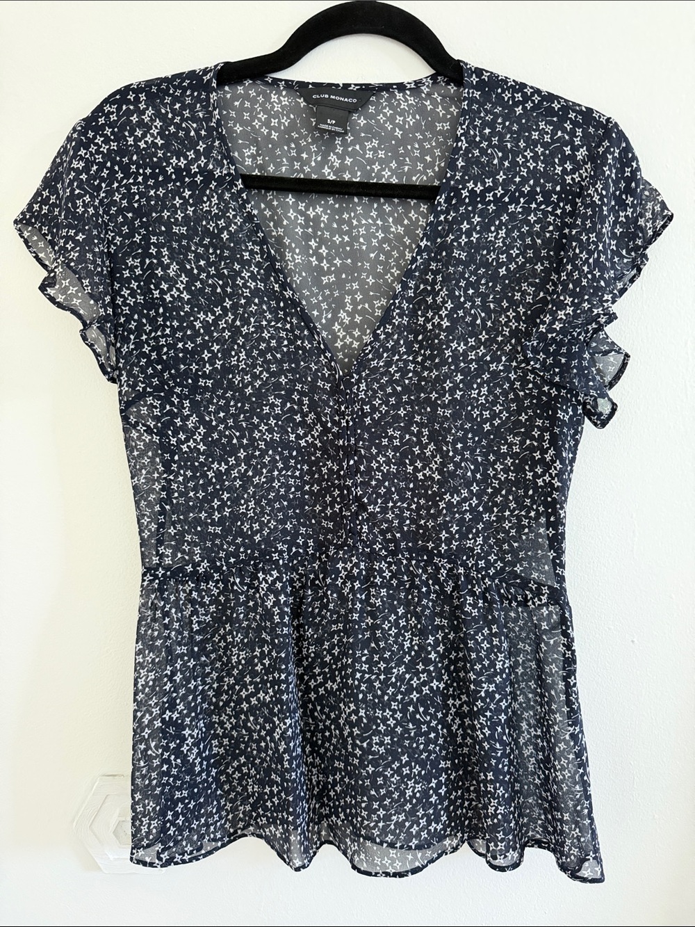 Club Monaco Navy Floral V-Neck Ruffle Sheer Sleeve Blouse Celestial Star